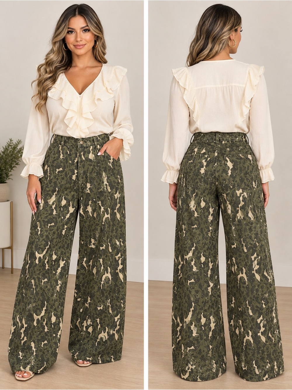 American Bazi Rhinestone Embellished Olive Green Camouflage Wide-Leg Jeans